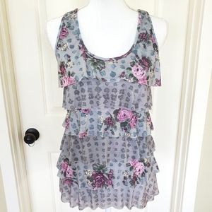 Grey Floral Ruffle Layered Tank Top